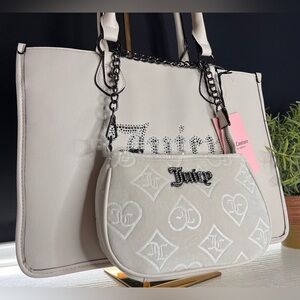 Juicy Couture 2-in-1 Cream Tote & Crossbody Rhinestone Logo NWT